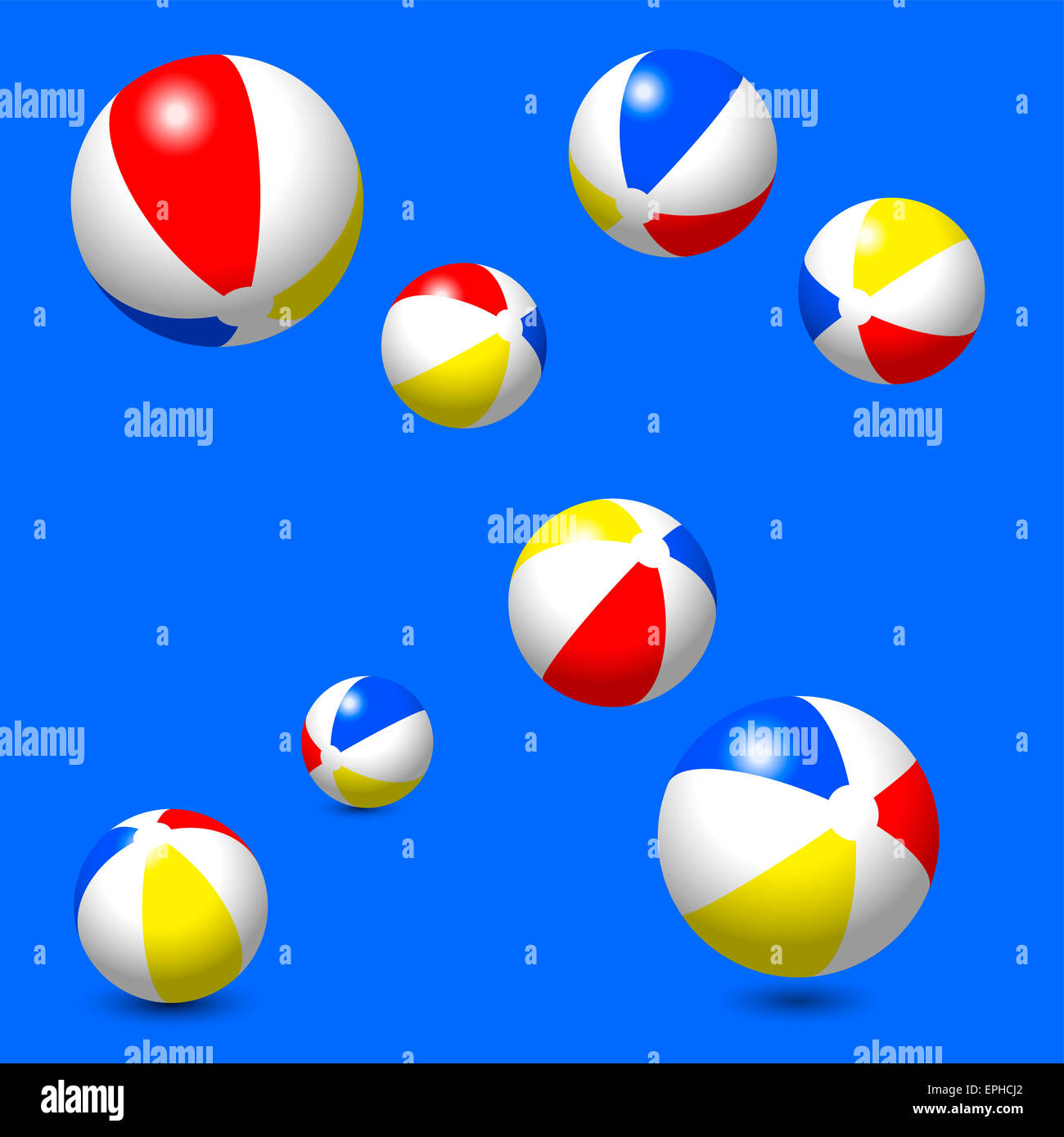 Eight classic beach balls isolated on blue background. Illustration. Stock Photo