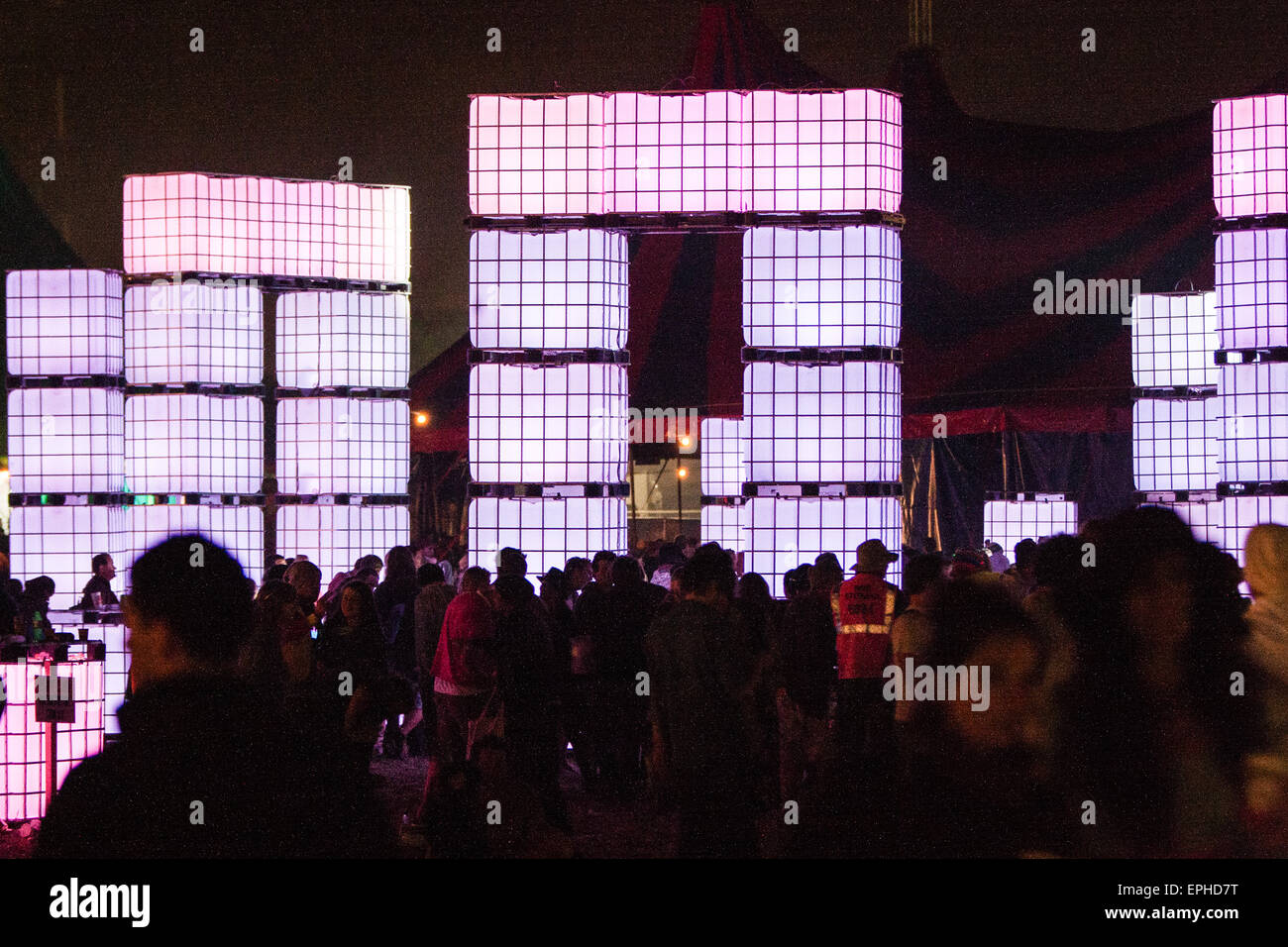 Replica of Stonehenge made of cubes of light at this performance space at the Dance Tent zone at Glastonbury Festival/ 'Glasto'  Stock Photo