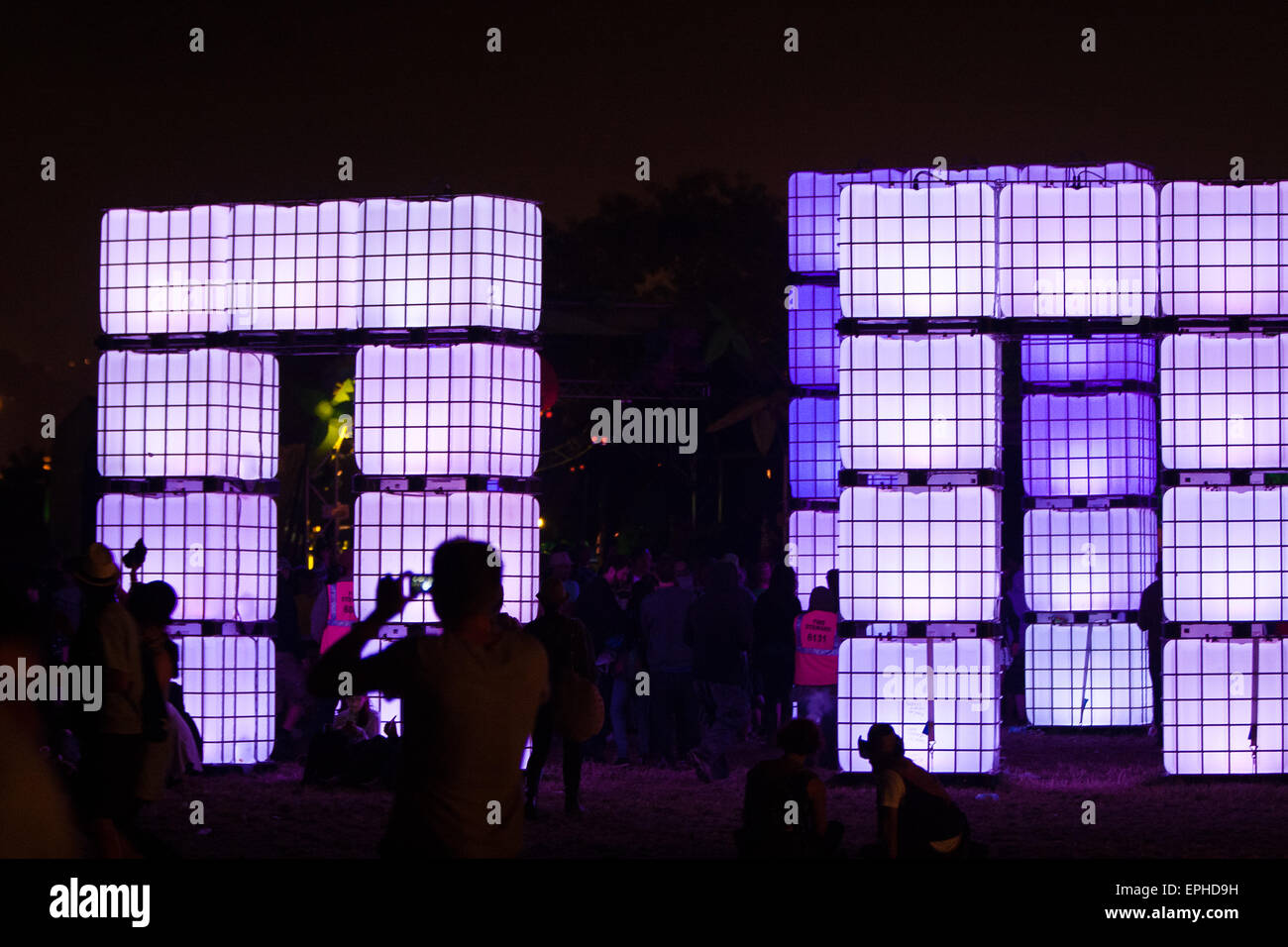 Replica of Stonehenge made of cubes of light at this performance space at the Dance Tent zone at Glastonbury Festival/ 'Glasto'  Stock Photo