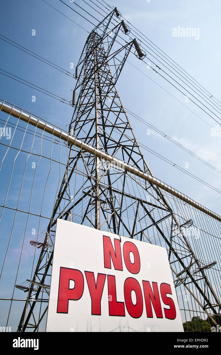 Environmental message against pylons put up by campaigning group at pylons that are on the grounds at Glastonbury Festival/ 'Gla Stock Photo