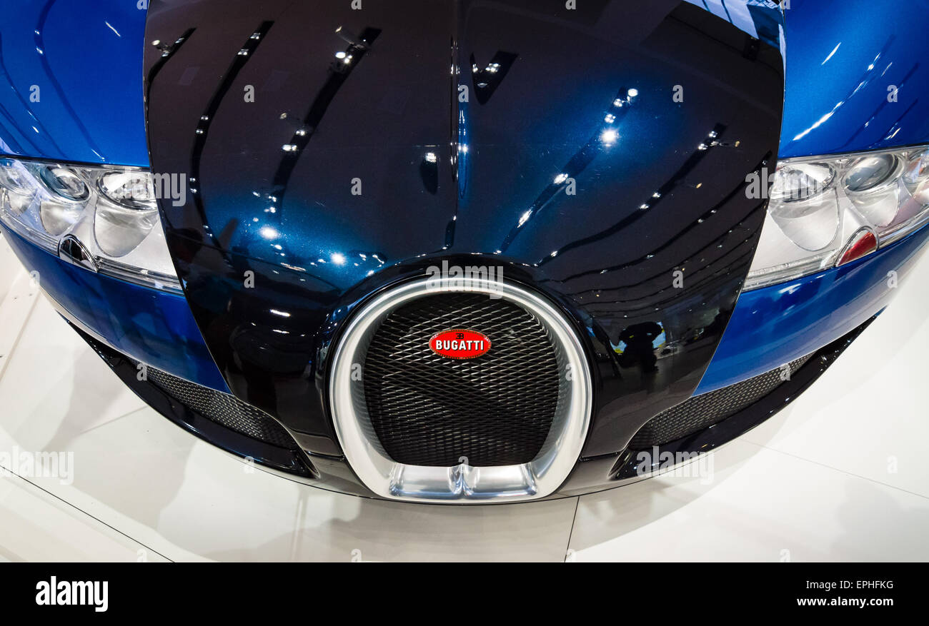 BERLIN - MAY 02, 2015: Showroom. Supercar Bugatti Veyron EB 16.4. Fastest serial car in the world. Front view. Stock Photo