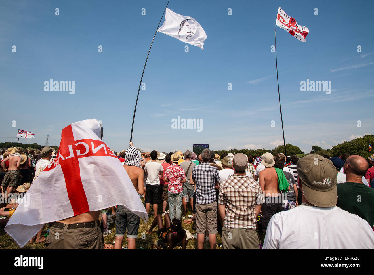 Thousands of football fans watched the football World Cup on giant screens area Glastonbury Festival/ 'Glasto' held on working farm, Worthy Farm, near village of Pilton. Here England football fans watch England lose to 4-1 to Germany. Glastonbury Festival. Somerset, England. June. Stock Photo
