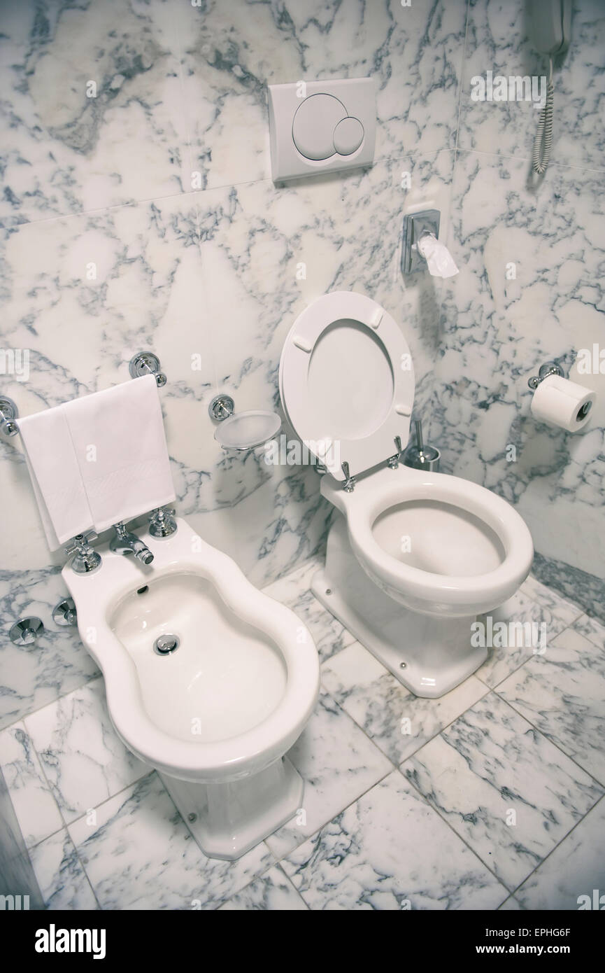 Simple luxury European style toilet with matching bidet surrounded by white  Italian marble Stock Photo - Alamy