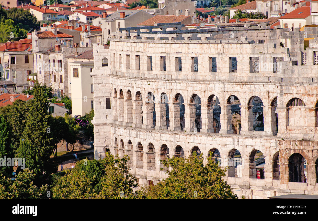 Beautiful view of famous ancient Colosseum in Pula,Croatia , Most popular tourist attractions. Stock Photo