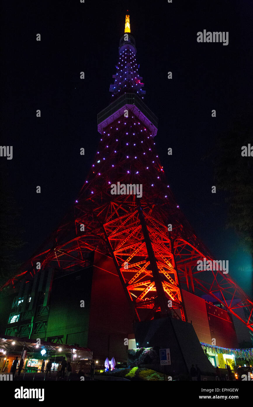 Tokyo Tower illuminated with colorful lights Stock Photo - Alamy