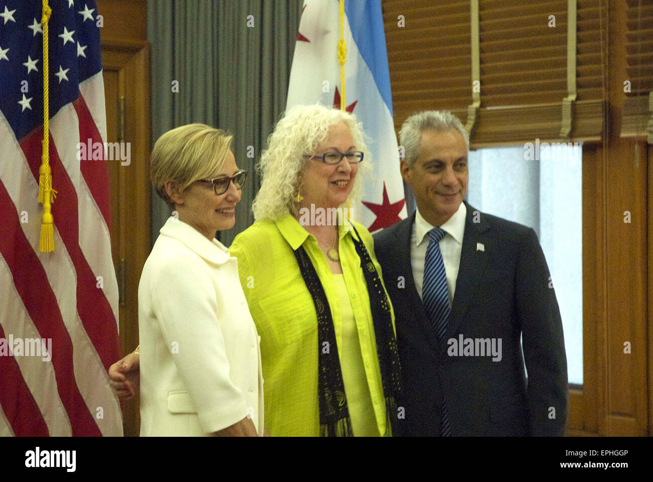Chicago, Illinois, USA. 18th May, 2015. Mayor Rahm Emanuel with his wife Amy Rule greet the public on inauguration day May 18, 2015 for the Mayor's second -four year term. Emahuel opened the doors to his office at City Hall to meet his constituents one by one. A long line of people waited to meet the couple and to pose for pictures. In the morning, the Mayor was inaugurated at the Chicago Theater sharing the stage with President Bill Clinton and the newly elected Chicago aldermen. © Karen I. Hirsch/ZUMA Wire/ZUMAPRESS.com/Alamy Live News Stock Photo
