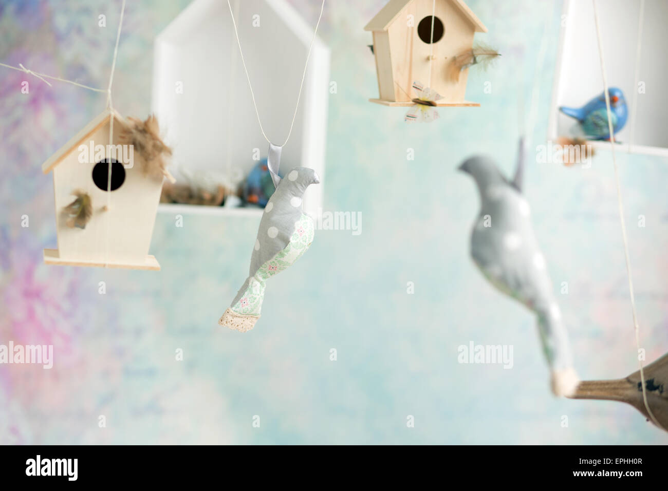 Vintage background with wooden birds Stock Photo - Alamy