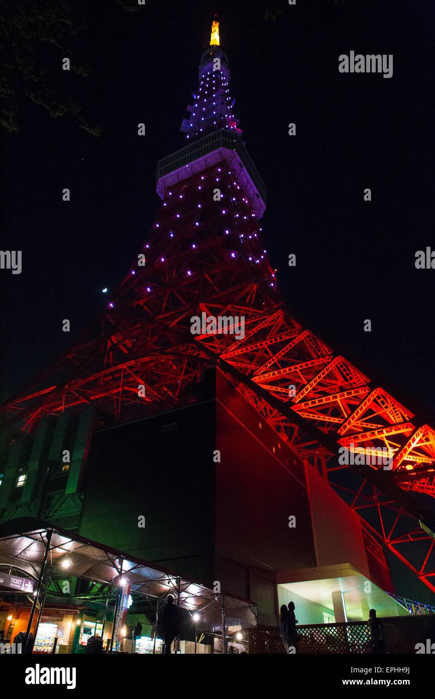Tokyo Tower illuminated with colorful lights Stock Photo