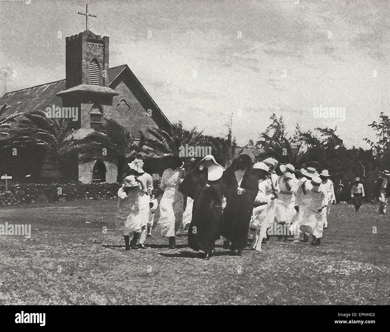 Sunday Morning in Kalaupapa 1916.  The Leper Colony on Molokai, Hawaii Stock Photo