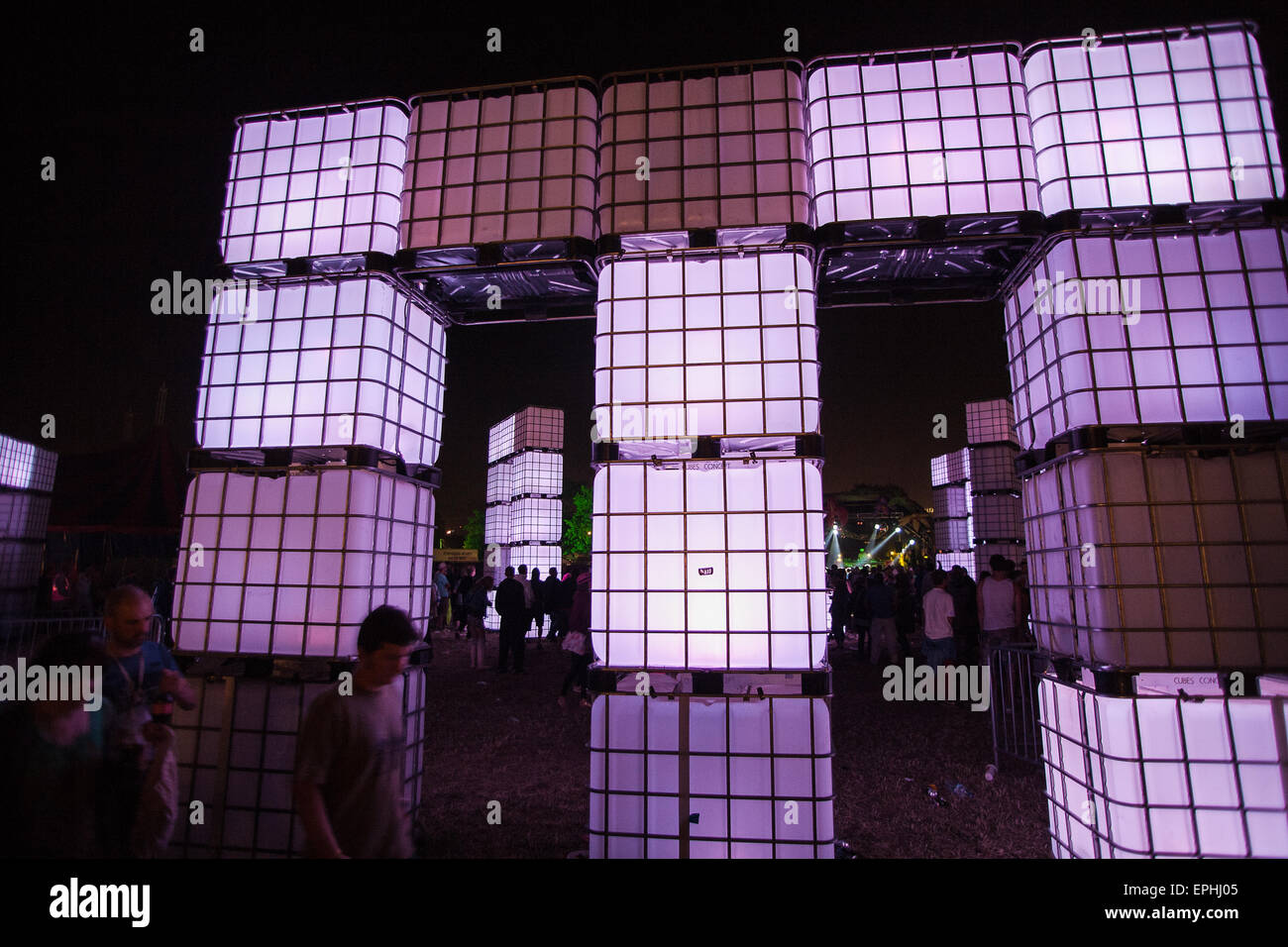 Replica of Stonehenge made of cubes of light at this performance space at the Dance Tent zone at Glastonbury Festival/ 'Glasto' Stock Photo