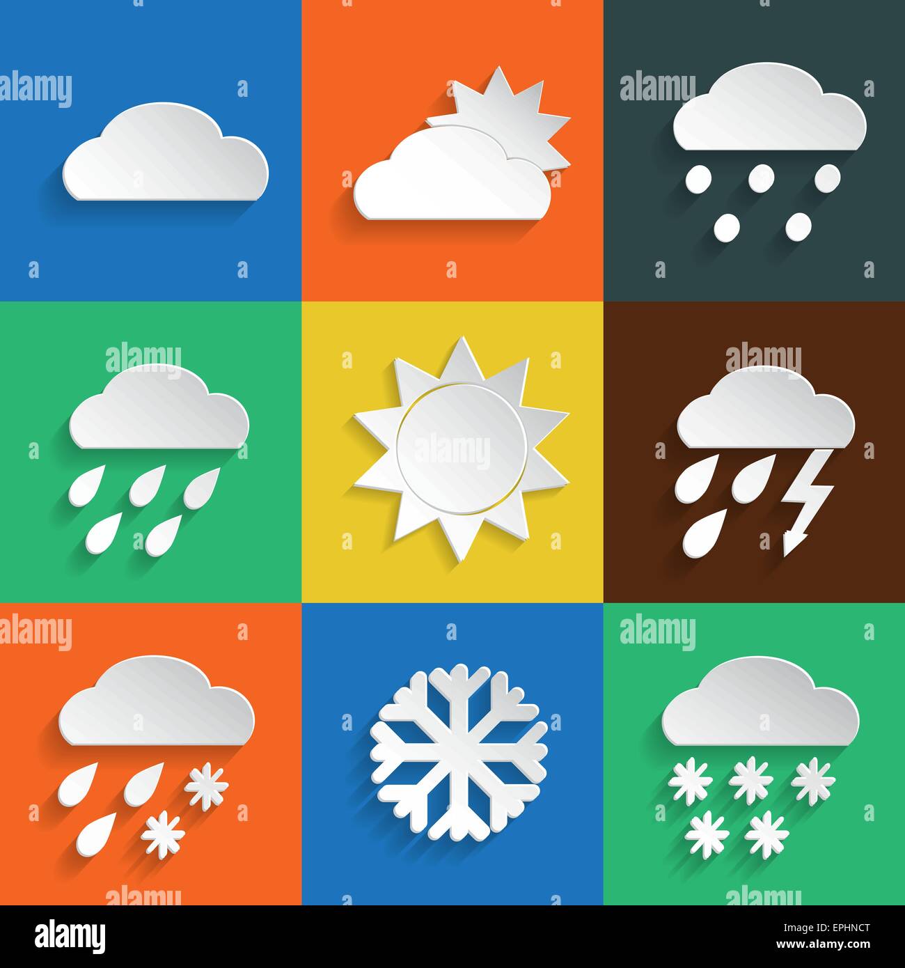 Weather icons in paper style on colored backgrounds. Vector background or separate elements Stock Vector