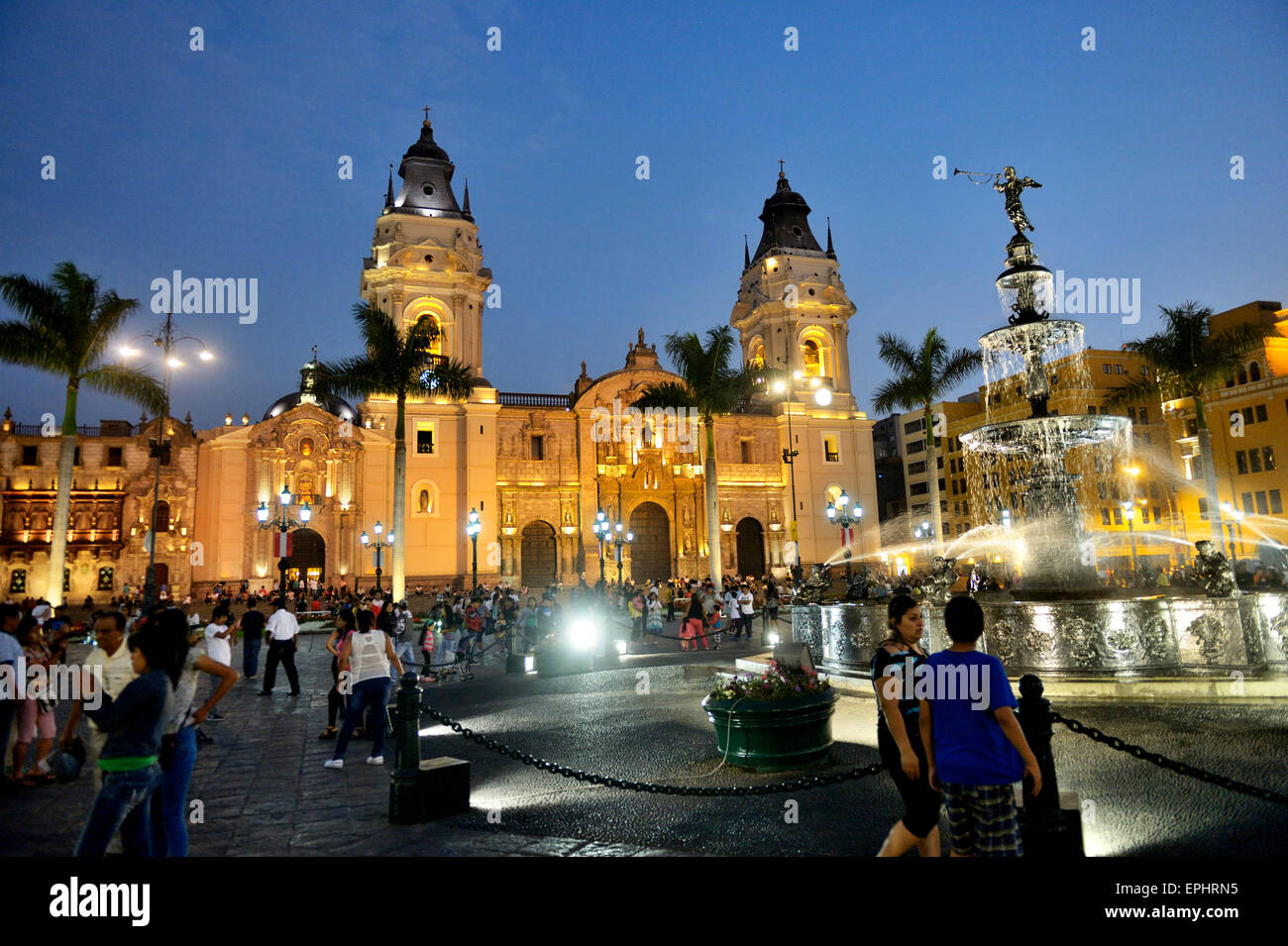 Lima Monuments Cathedral at the Plaza Mayor or Plaza de Armas, in the evening, UNESCO ...