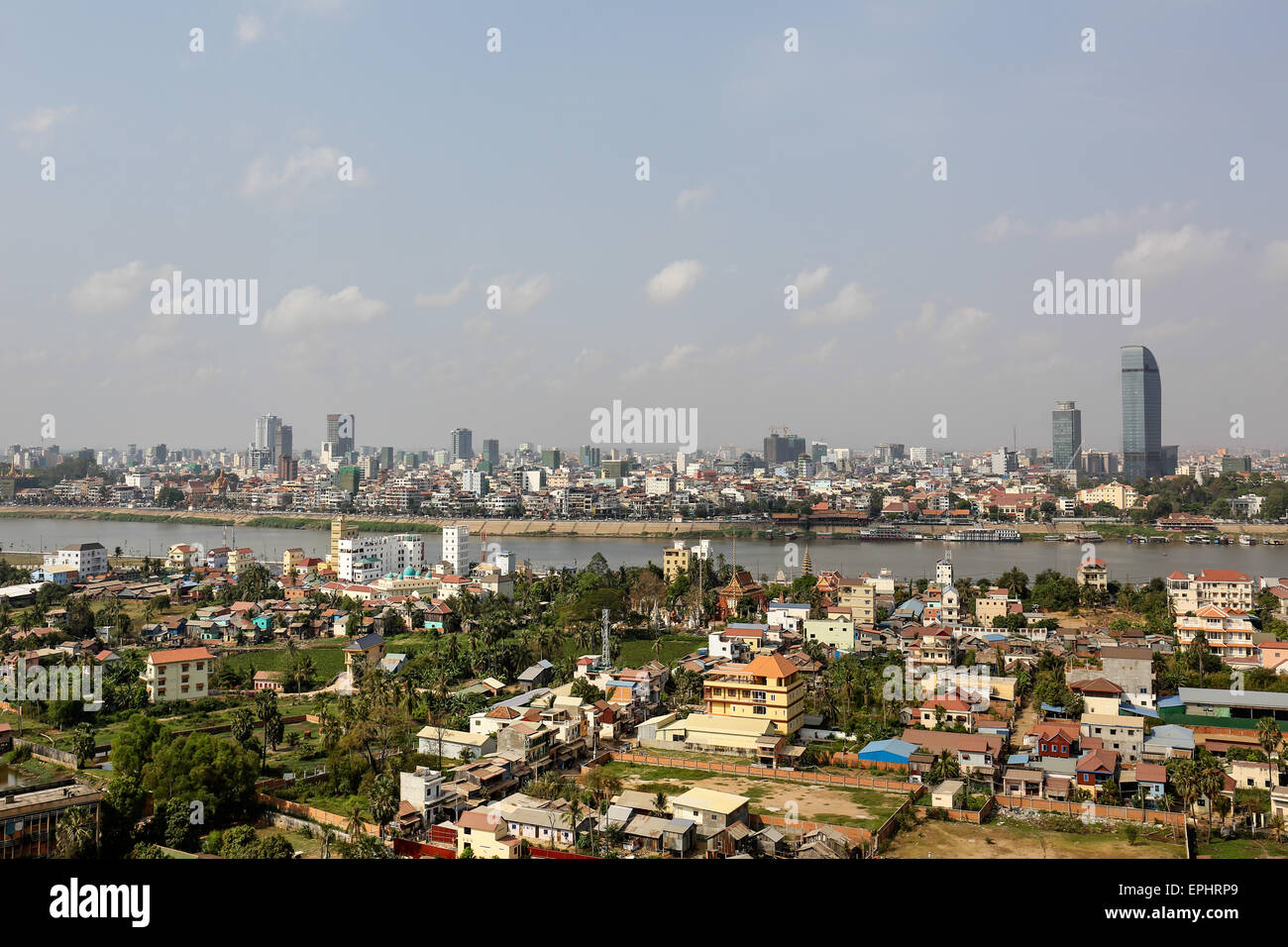 Skyline with Canadia Bank and Vatannac Capital Tower, Tonle Sap river, Phnom Penh, Cambodia Stock Photo