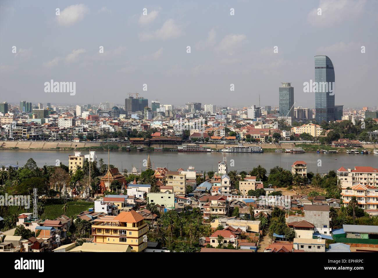 Skyline with Canadia Bank and Vatannac Capital Tower, Tonle Sap river, Phnom Penh, Cambodia Stock Photo