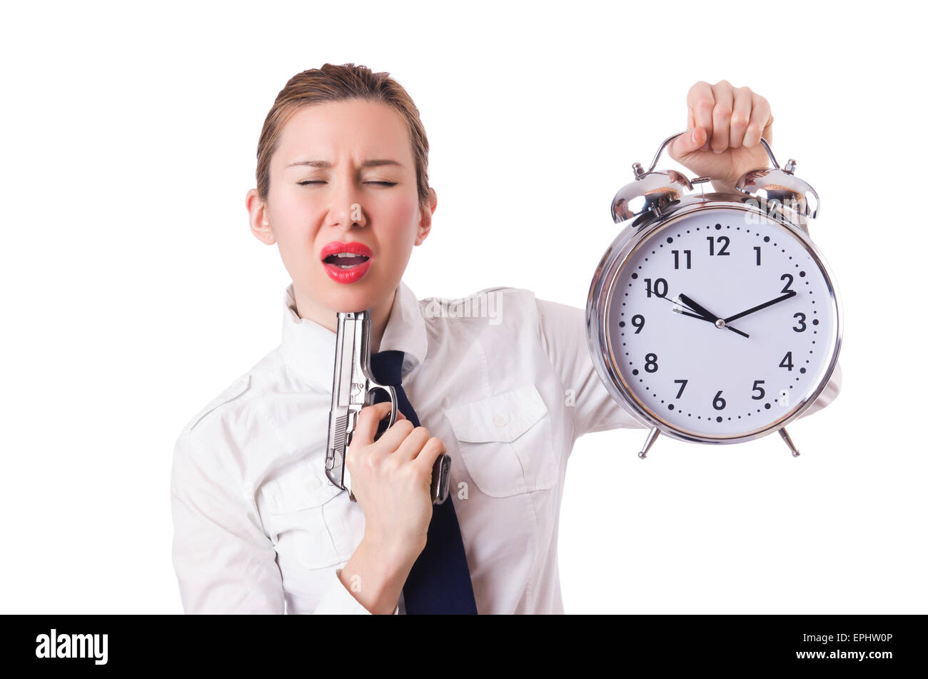 Woman with clock killing the time Stock Photo Alamy