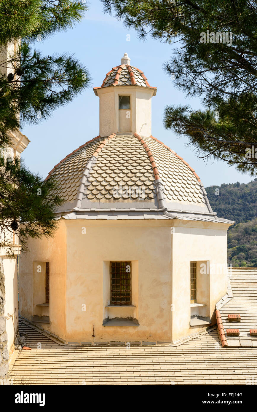 view of pine maritime trees and small dome  of medieval San Lorenzo church on a sunny spring day, Portovenere, Italy Stock Photo