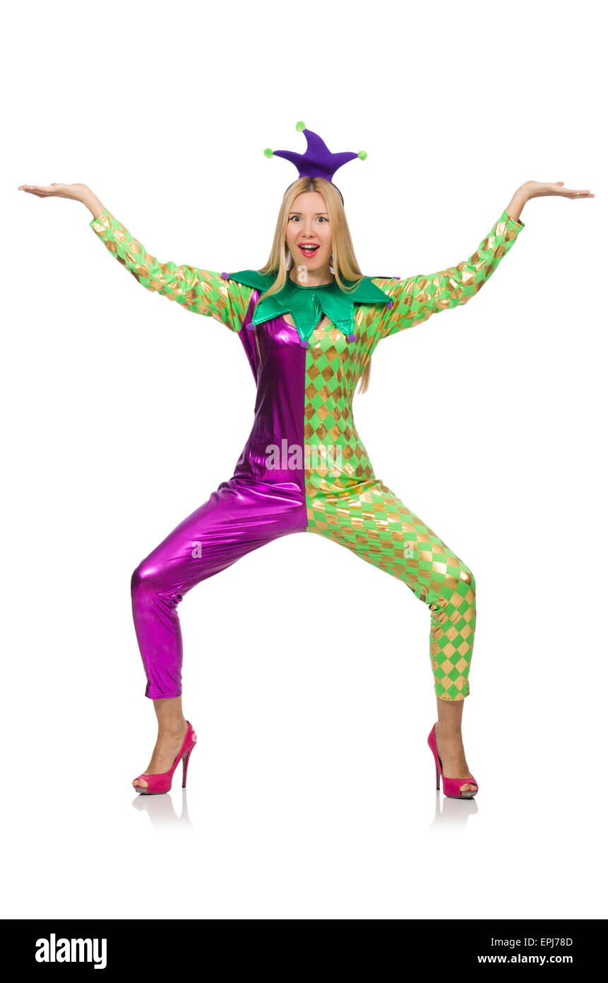 Woman wearing clown costume isolated on white Stock Photo - Alamy