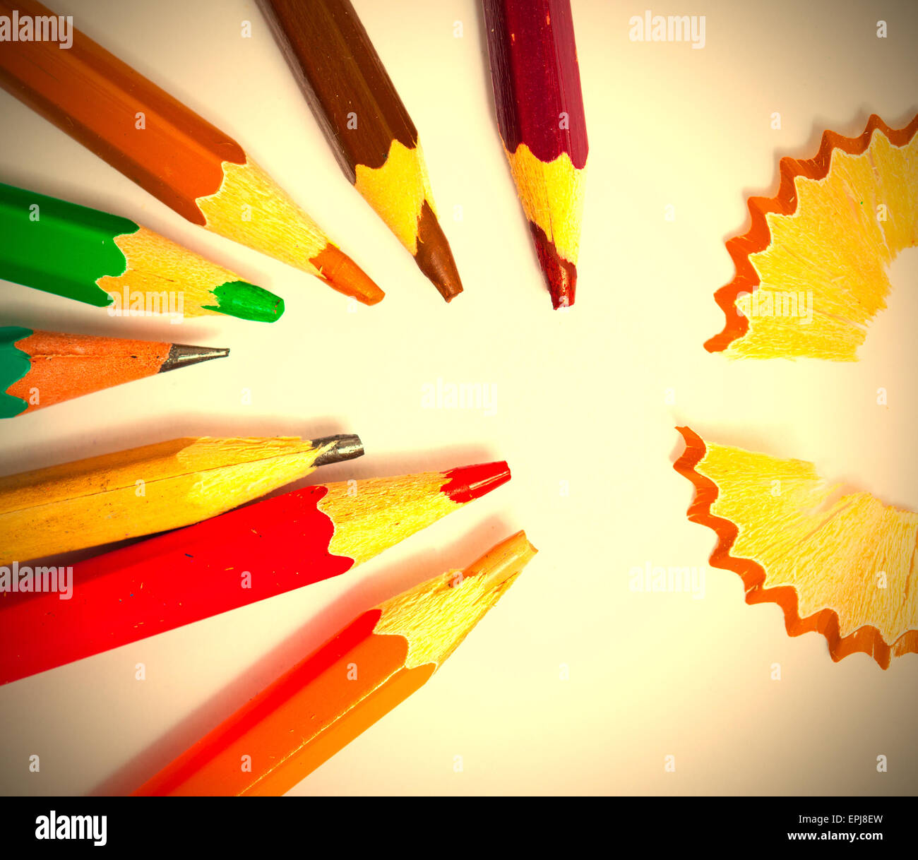 set of a old colored pencils with shavings Stock Photo Alamy