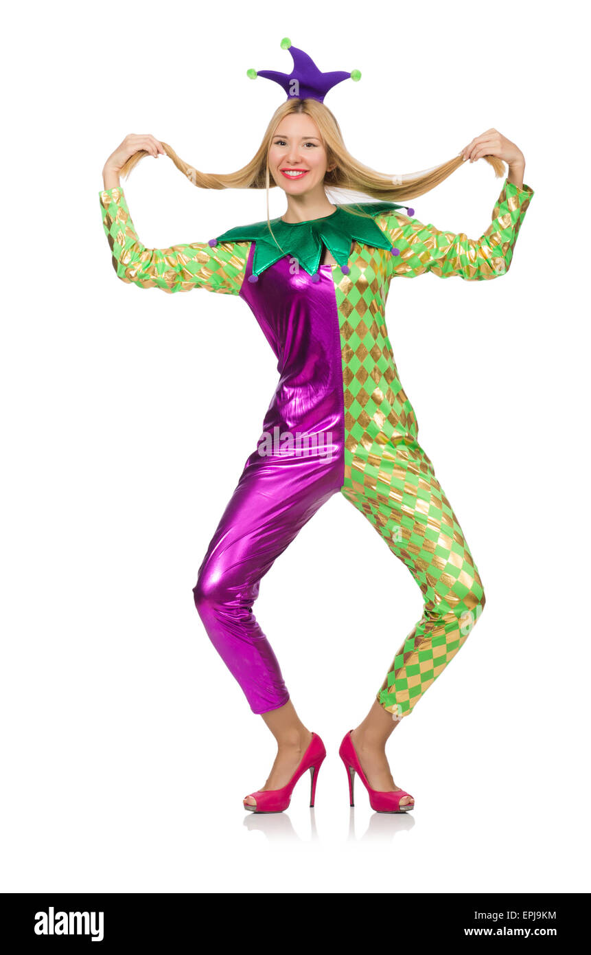 Woman wearing clown costume isolated on white Stock Photo - Alamy
