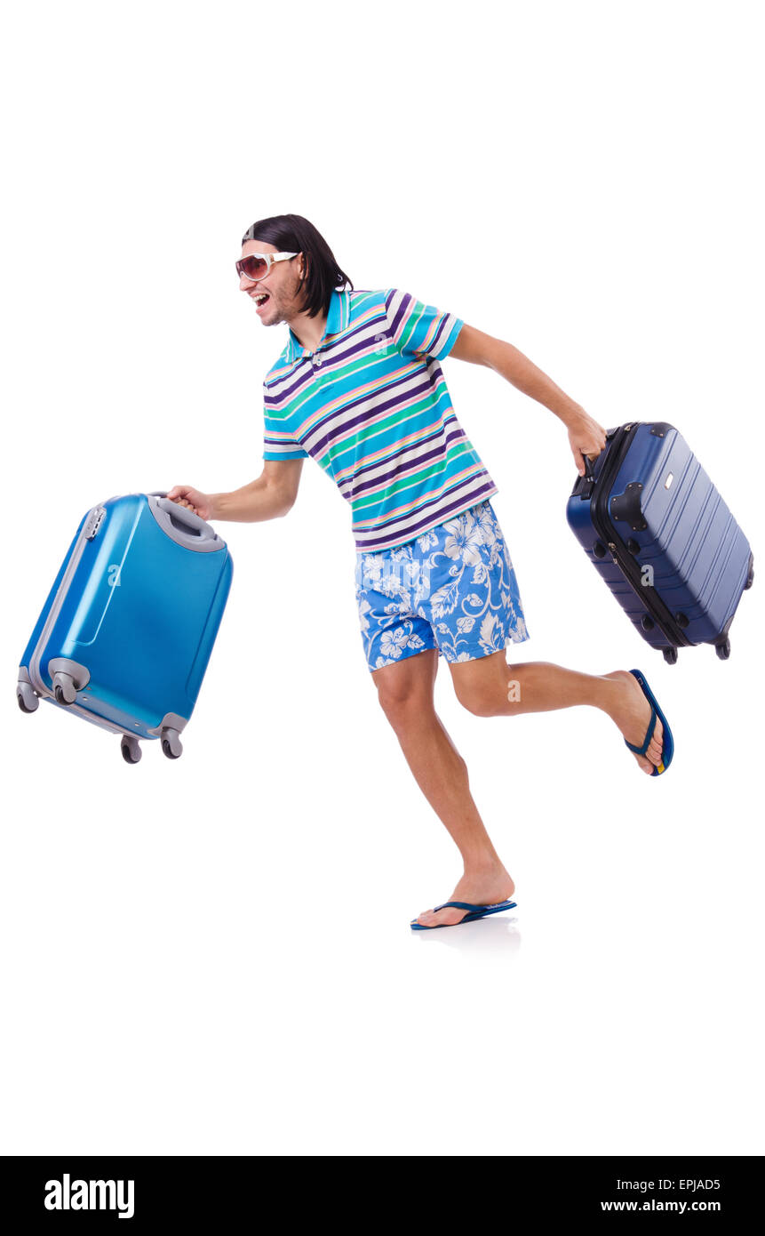 Funny man with suitcase isolated on white Stock Photo Alamy