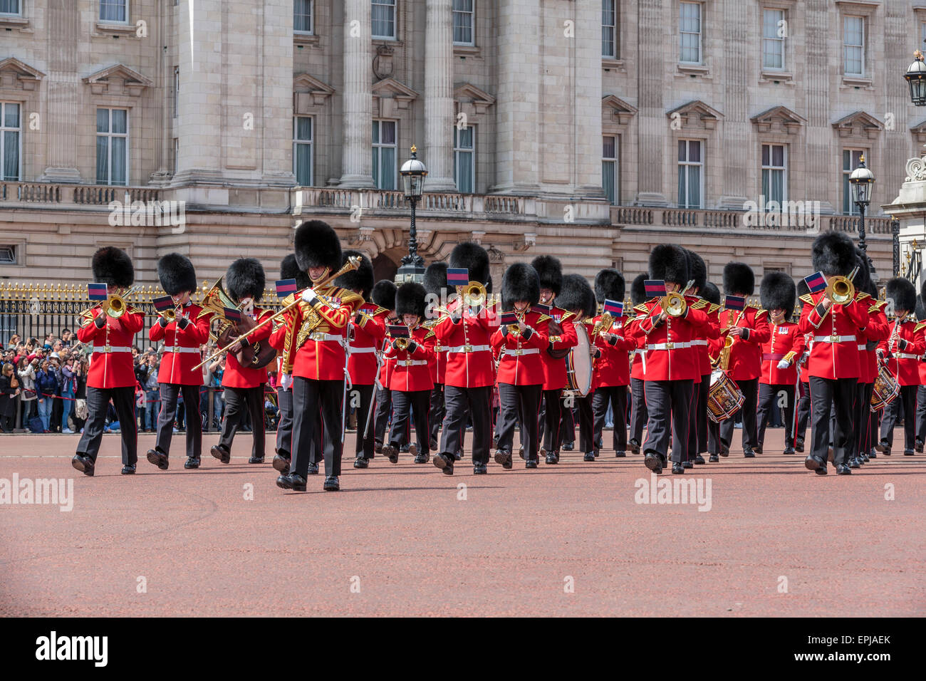 A Landscape image of The Band of the Coldstream Guards marching from Buckingham Palace, London, UK Stock Photo