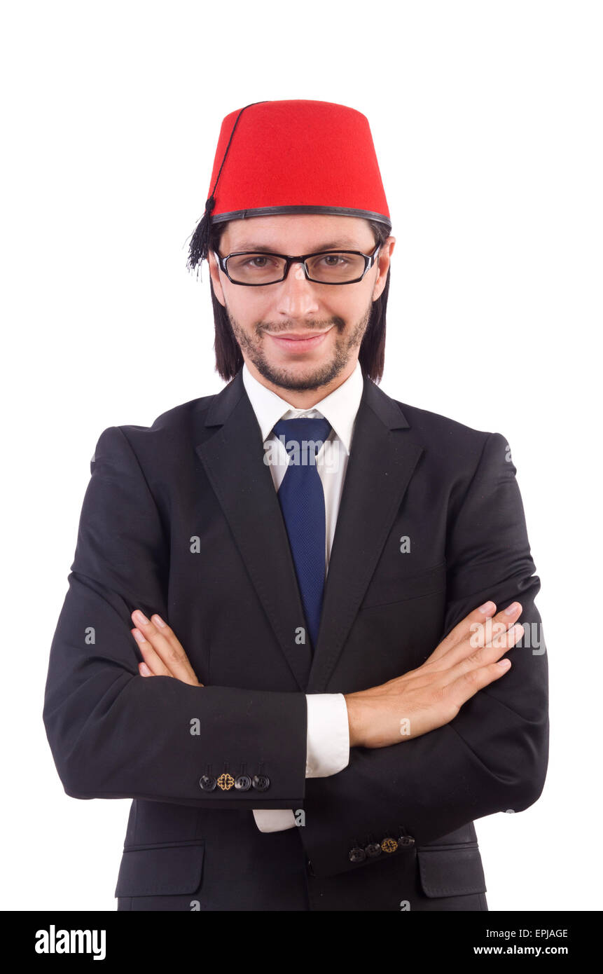 Businessman wearing fez hat isolated on white Stock Photo Alamy