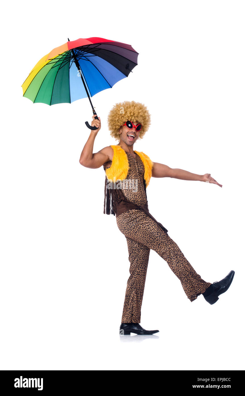 Man with umbrella isolated on white Stock Photo - Alamy