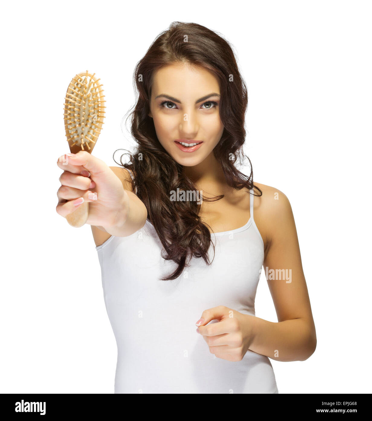 Young girl with hair brush isolated Stock Photo Alamy