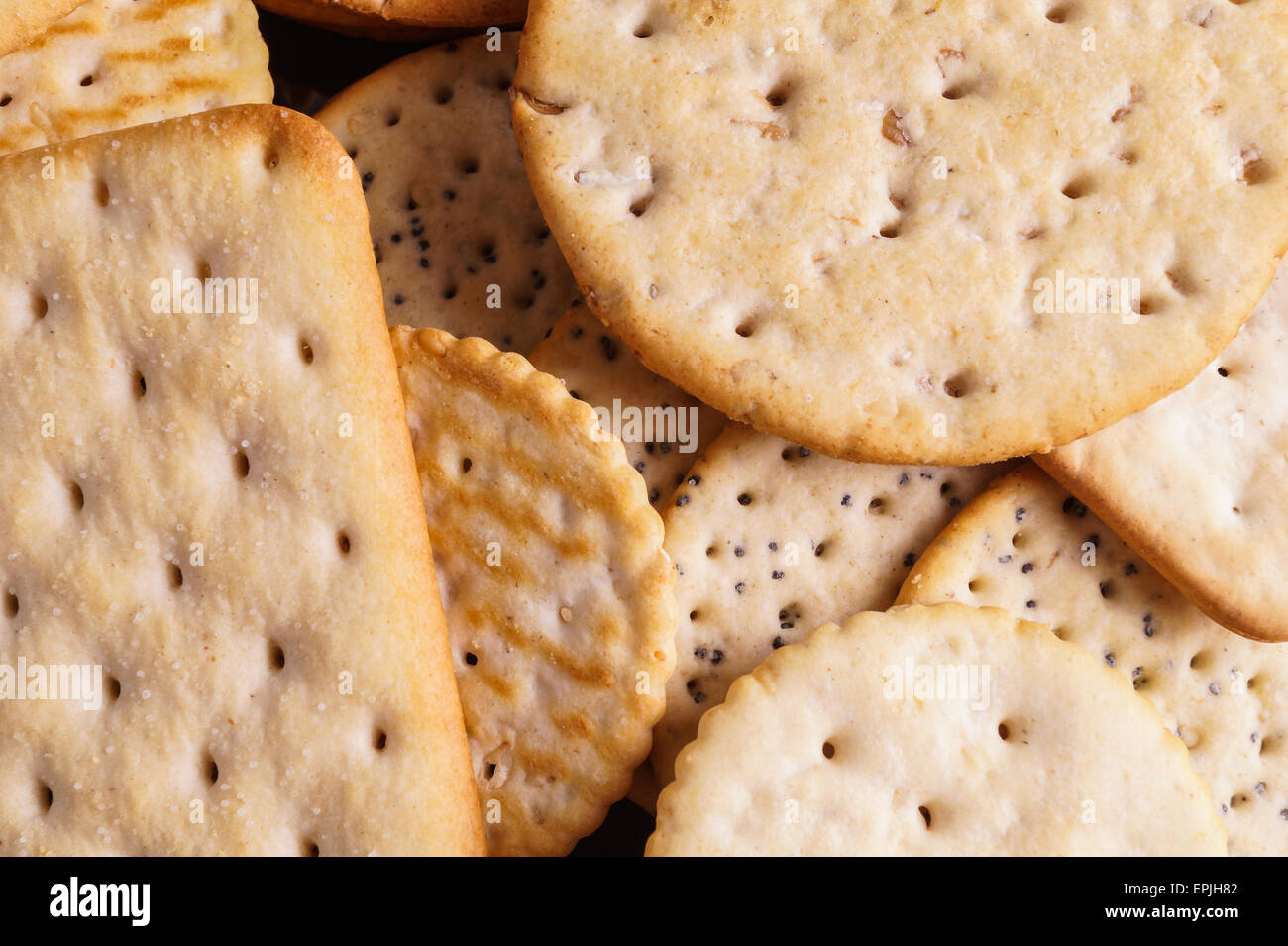 Round and Square Salty Crackers, ready for serving Stock Photo