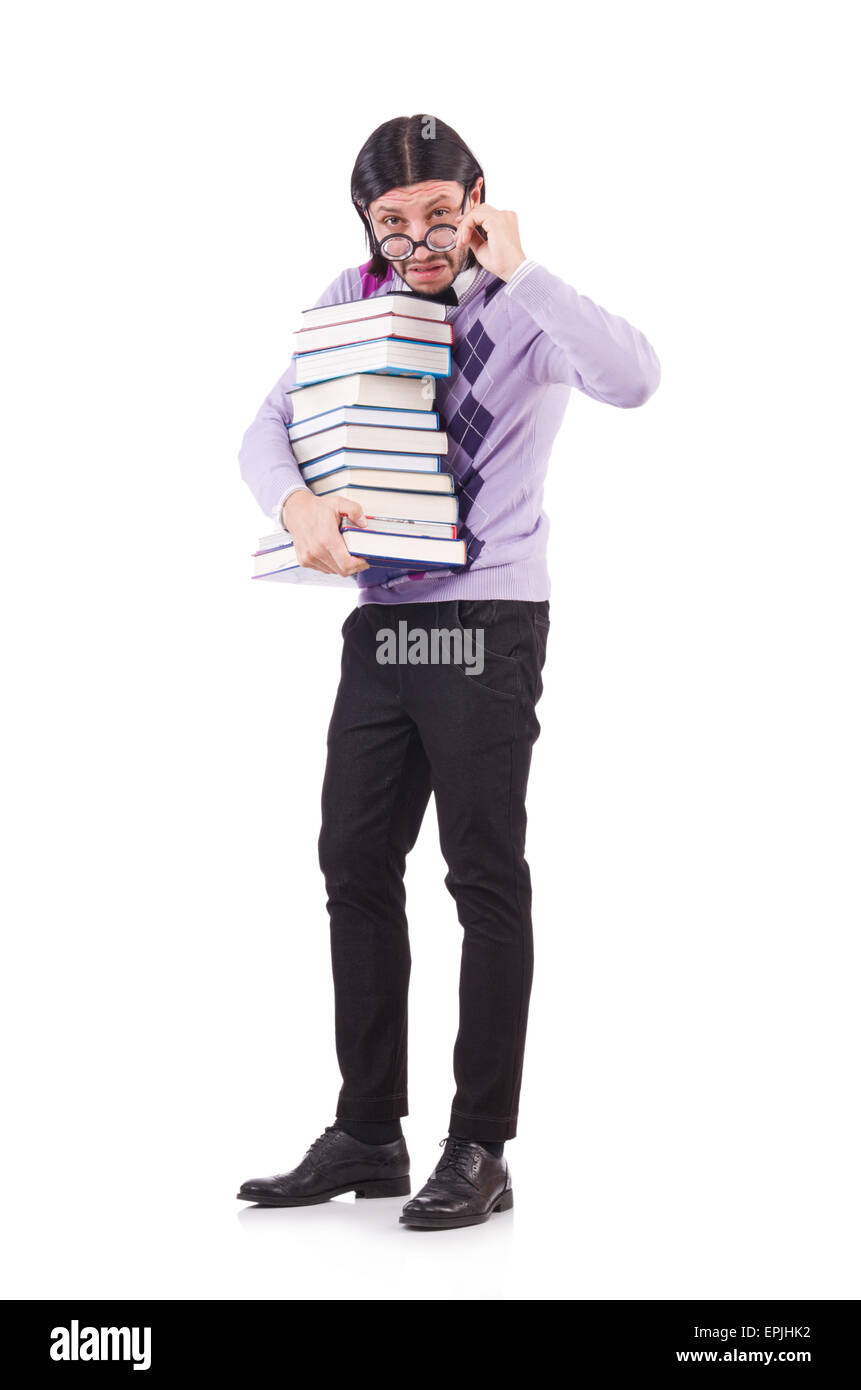 Funny student with books isolated on white Stock Photo - Alamy