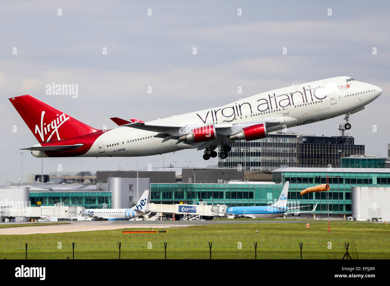 Virgin Atlantic Boeing 747-400 climbs away from runway 05L at Manchester airport. Stock Photo