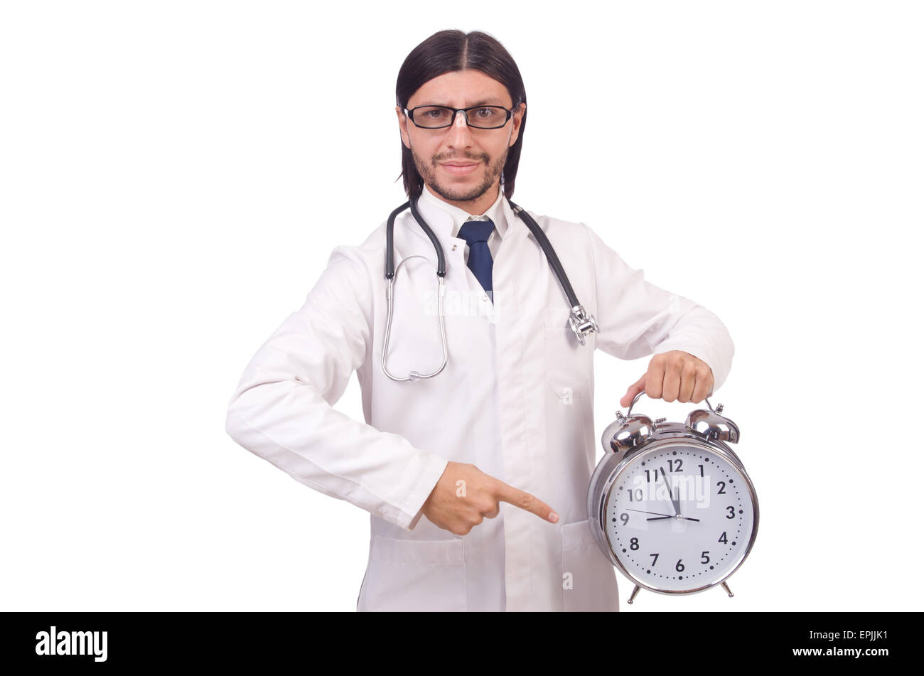 Man doctor with clock isolated on white Stock Photo Alamy