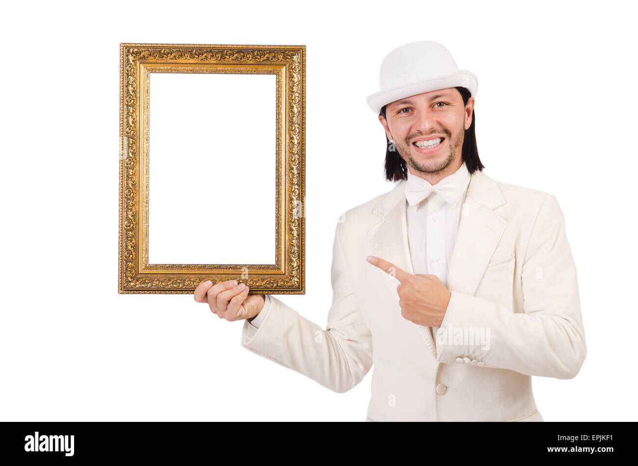Man in white costume with picture frame Stock Photo Alamy