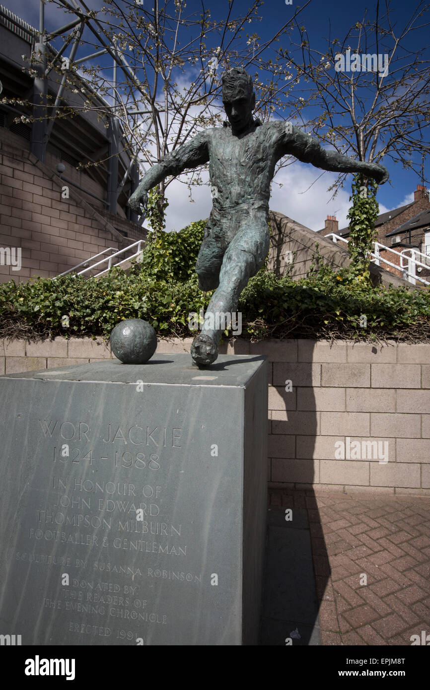 A statue to club legend Jackie Milburn, situated at the Gallowgate end of the stadium before Newcastle United host Tottenham Hotspurs in an English Premier League match at St. James' Park. The match was boycotted by a section of the home support critical of the role of owner Mike Ashley and sponsorship by a payday loan company. The match was won by Spurs by 3-1, watched by 47,427, the lowest league gate of the season at the stadium. Stock Photo