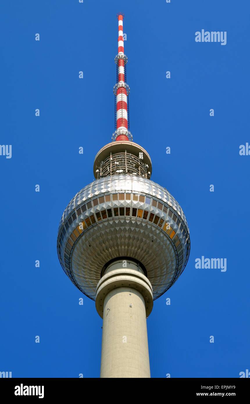 TV Tower in Berlin. The tower is prominent symbol and with its height of 368 meters, it is the tallest structure in Berlin. Stock Photo