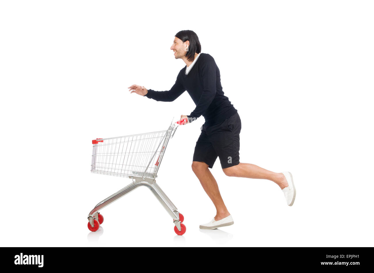 Man shopping with supermarket basket cart isolated on white Stock Photo