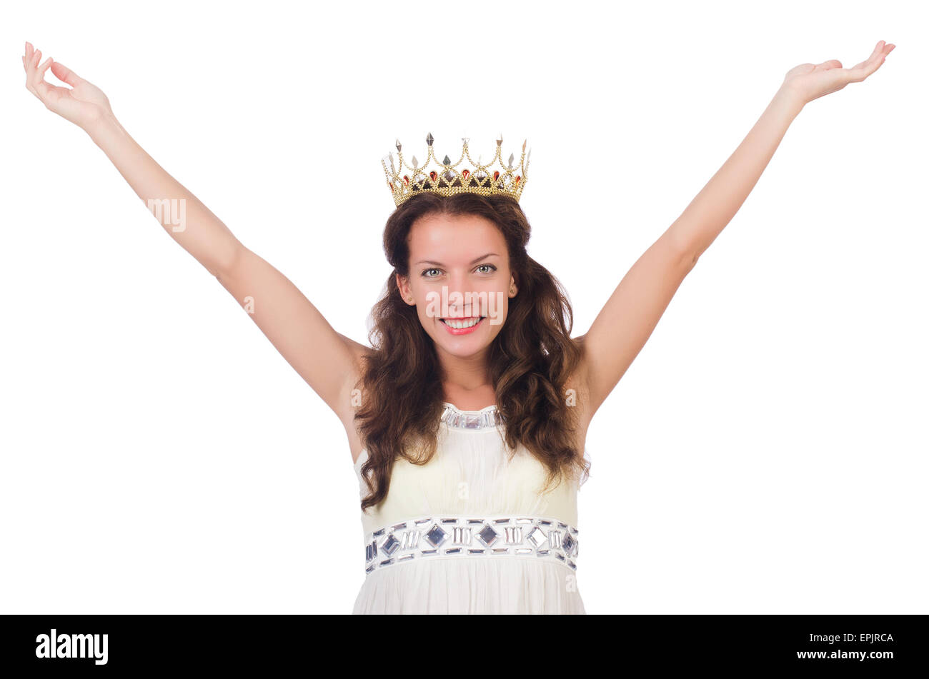 Woman with gold crown isolated on white Stock Photo - Alamy
