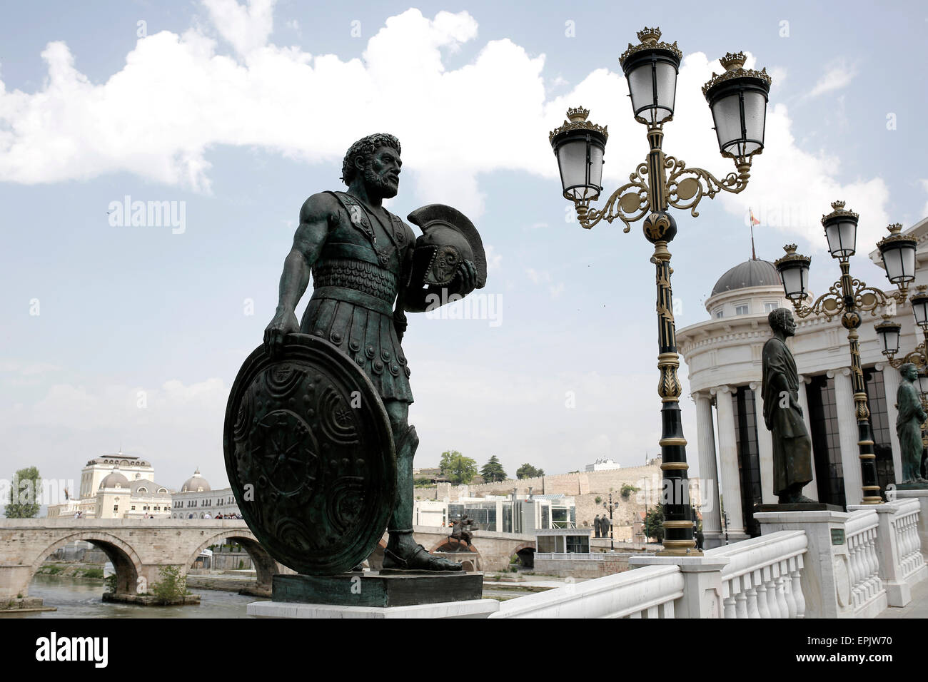 Statues on Eye Bridge in Skopje, FYROM on May 17, 2015. Stock Photo