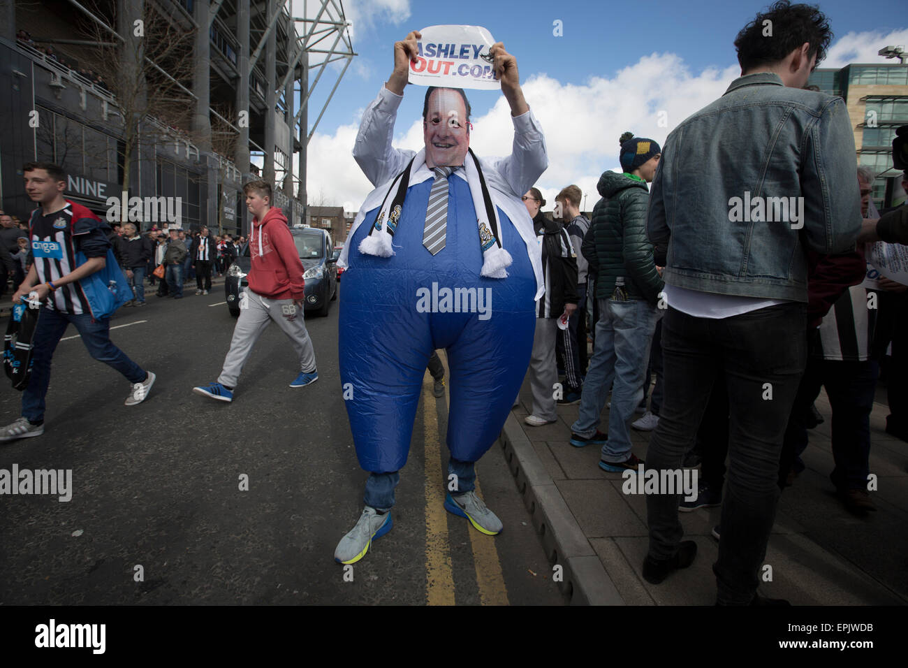 A man dressed to look like club owner Mike Ashley at a demonstration at the Gallowgate end of the stadium before Newcastle United host Tottenham Hotspurs in an English Premier League match at St. James' Park. The match was boycotted by a section of the home support critical of the role of owner Mike Ashley and sponsorship by a payday loan company. The match was won by Spurs by 3-1, watched by 47,427, the lowest league gate of the season at the stadium. Stock Photo