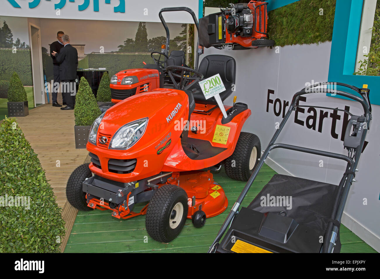 Chelsea, London, UK. 19th May, 2015. Kuboto sit upon lawn mowers on sale at Chelsea Flower Show 2015. Credit:  Keith Larby/Alamy Live News Stock Photo
