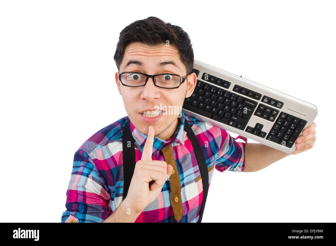 Computer nerd with keyboard isolated on white Stock Photo - Alamy