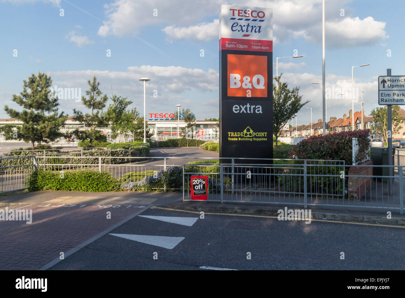 Shop signs on the retail park at Roneo Corner, Romford, Essex, UK Stock
