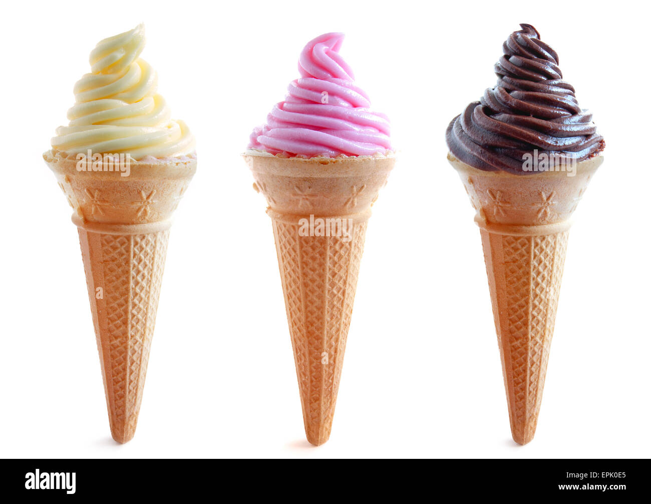 Ice cream cones in a row over a white background Stock Photo