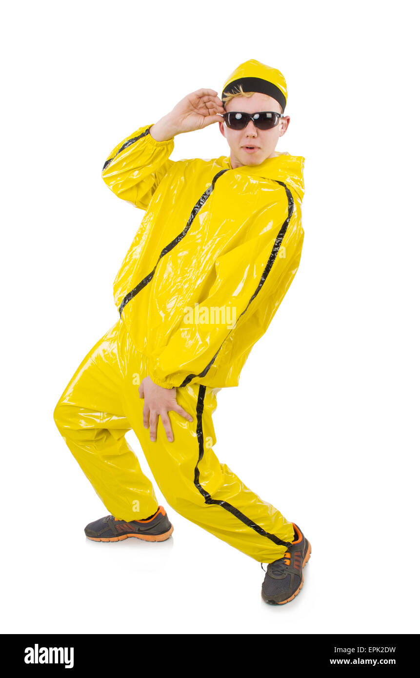 Man in yellow suit isolated on white Stock Photo Alamy