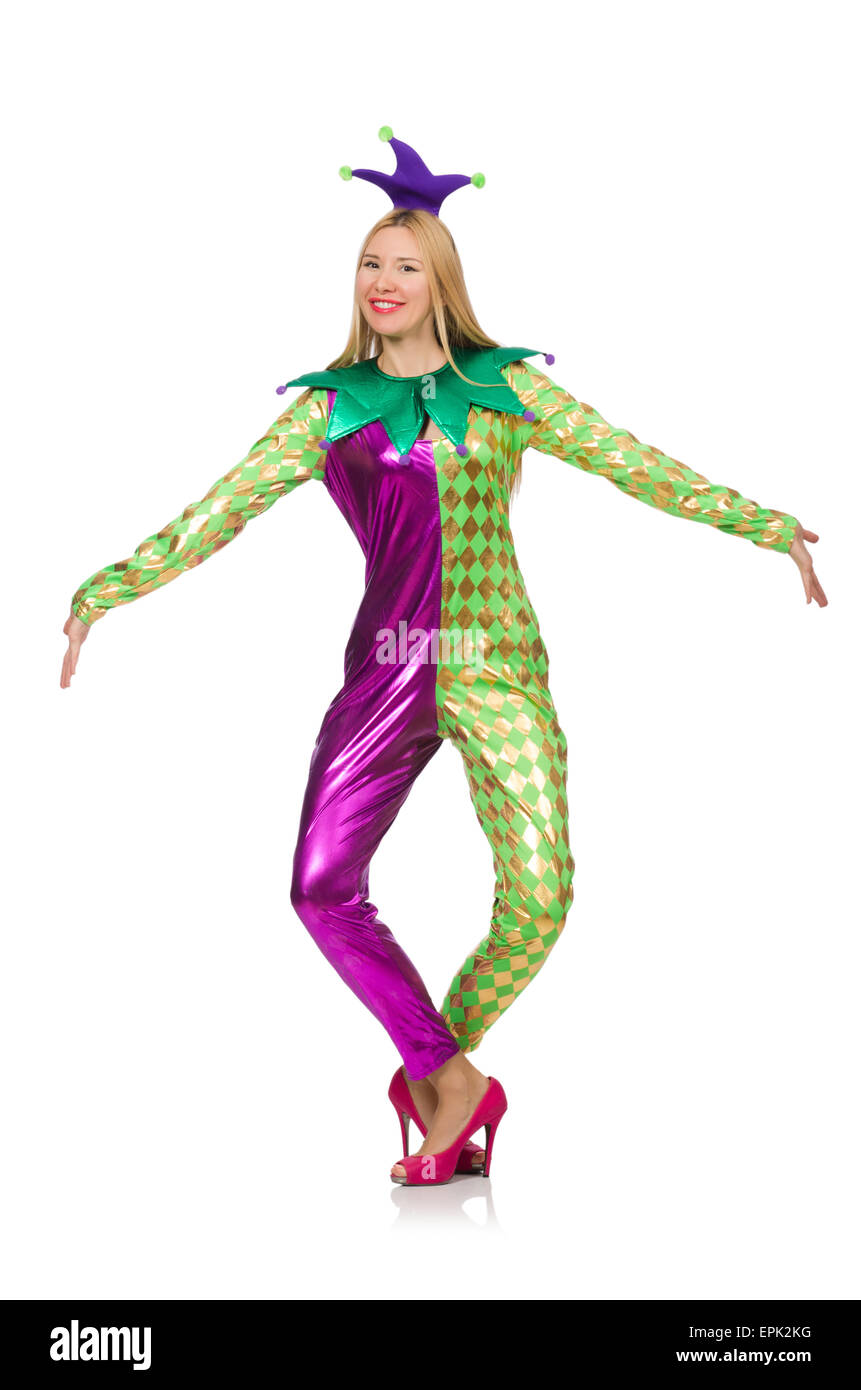 Woman wearing clown costume isolated on white Stock Photo - Alamy