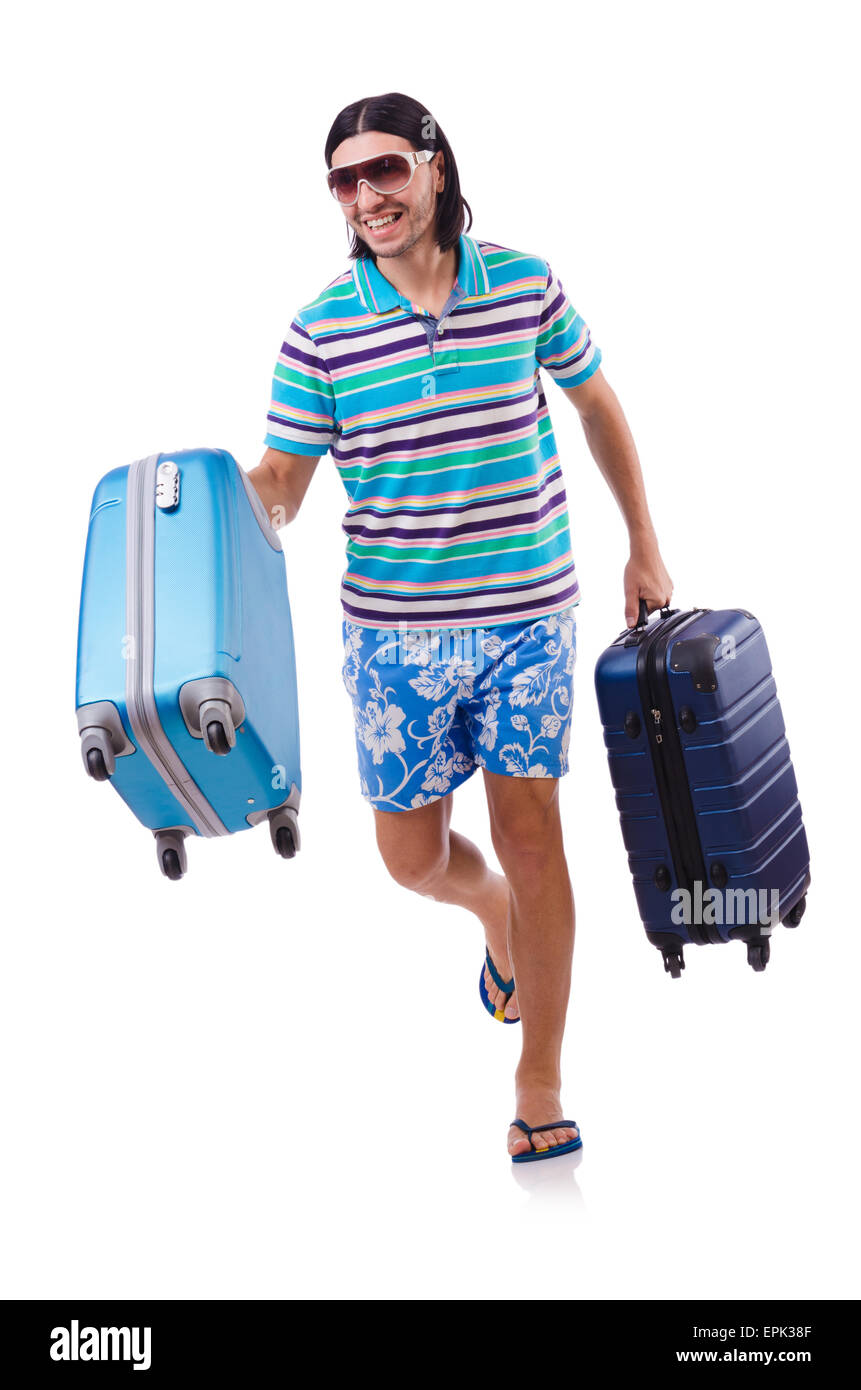 Funny man with suitcase isolated on white Stock Photo Alamy