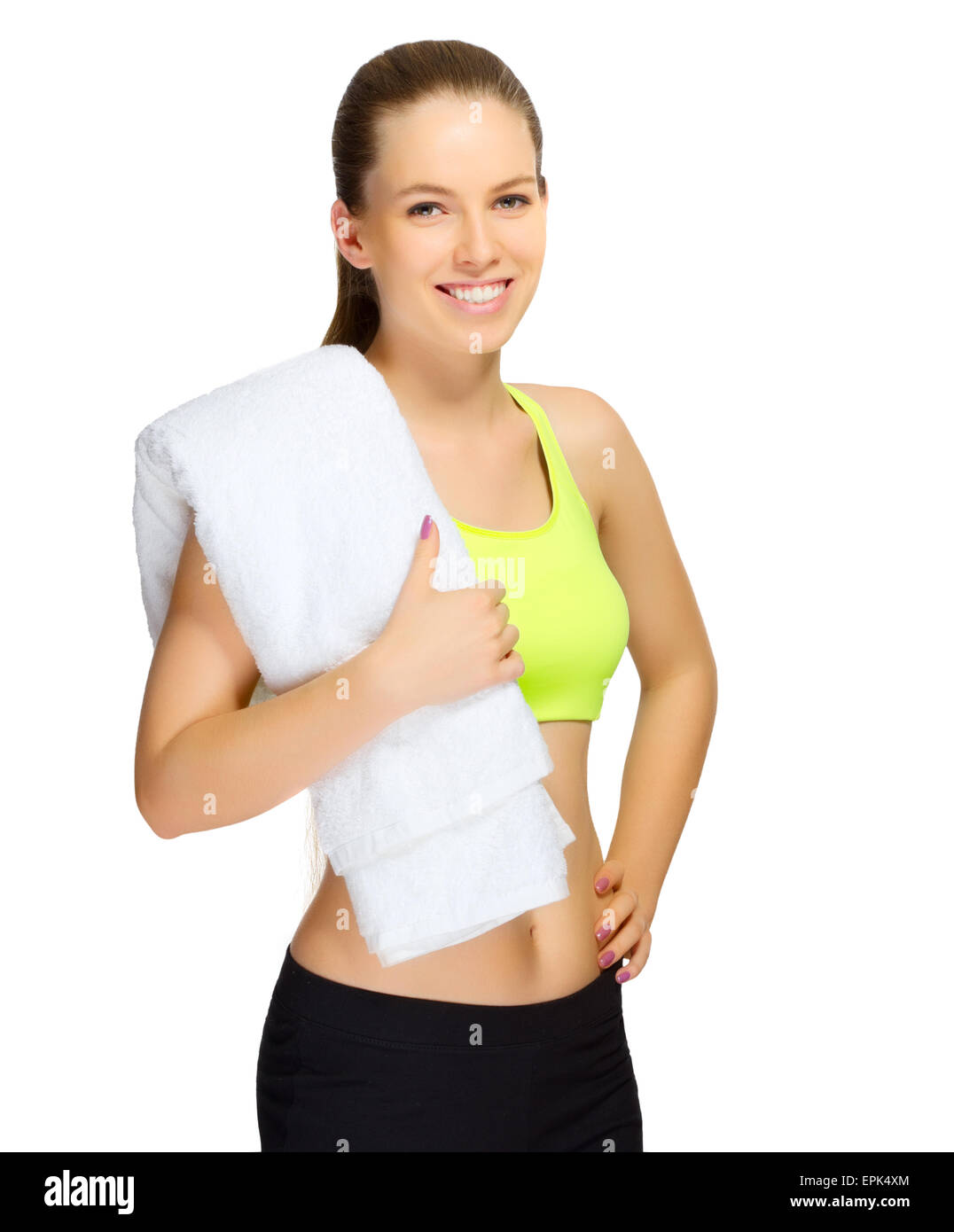 Sporty girl with towel isolated Stock Photo - Alamy