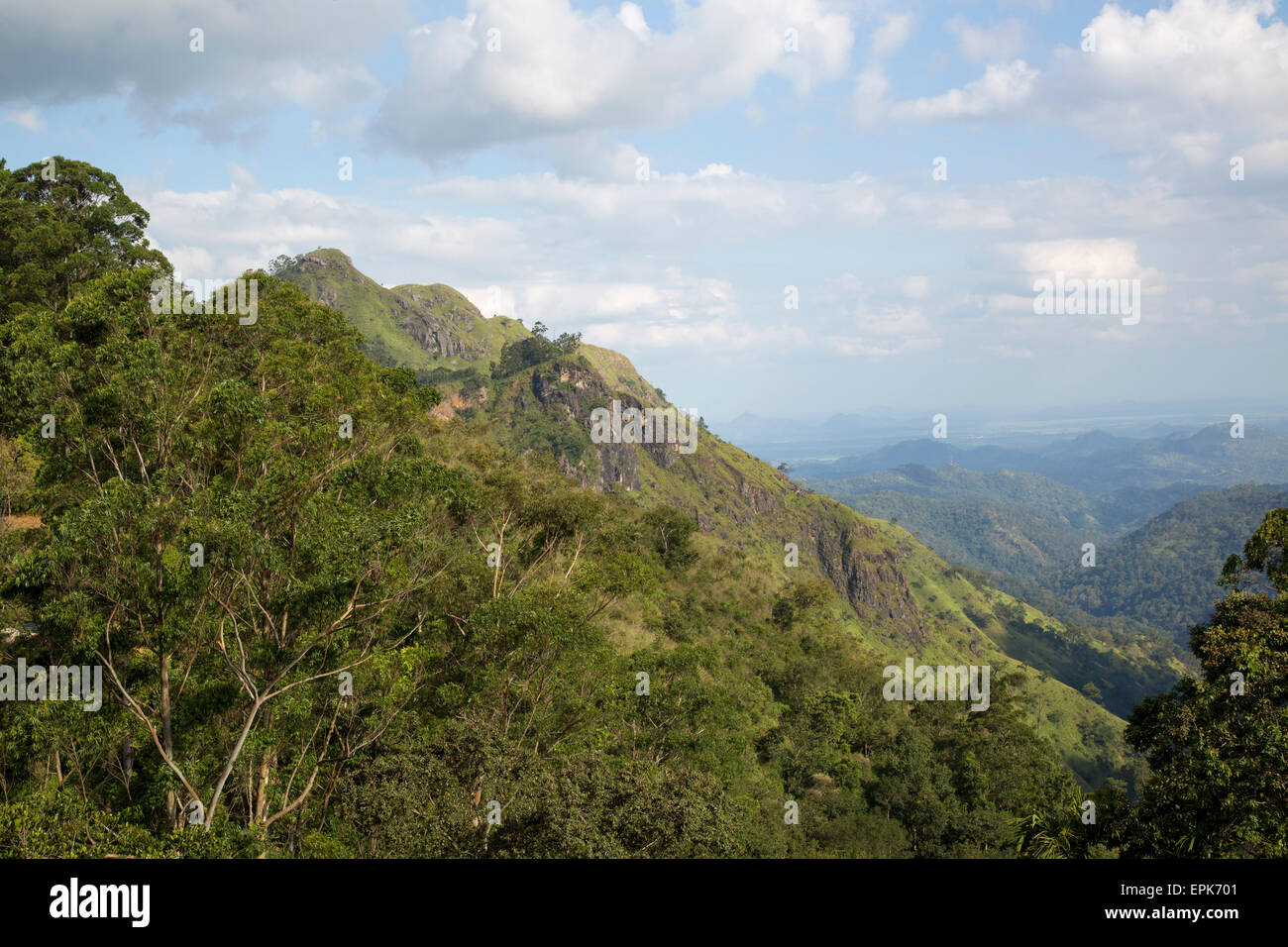 View of Ella Gap pass, Ella, Badulla District, Uva Province, Sri Lanka, Asia focus on Little Adam's Peak Stock Photo