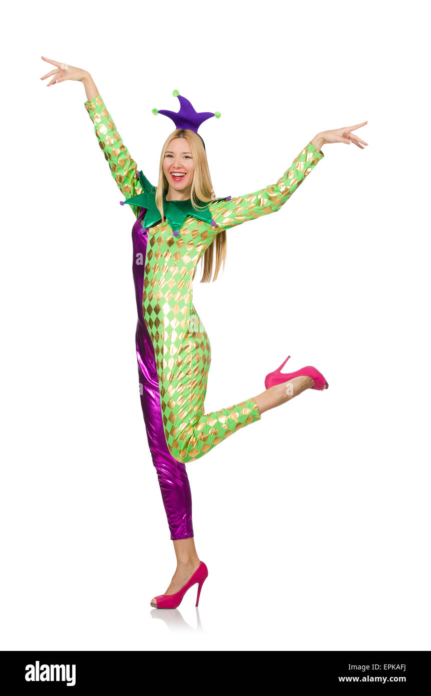 Woman wearing clown costume isolated on white Stock Photo - Alamy