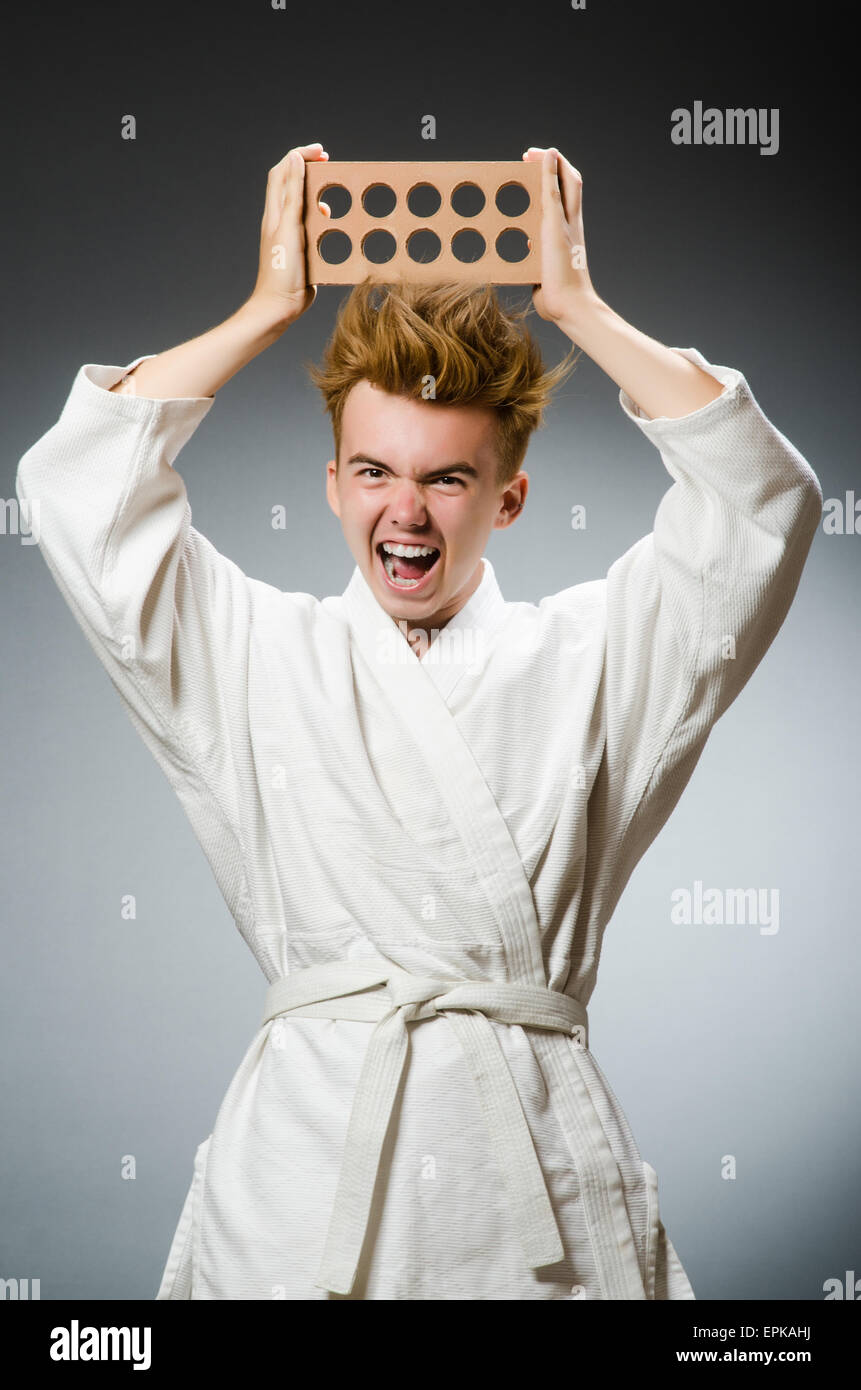 Funny karate fighter with clay brick Stock Photo - Alamy